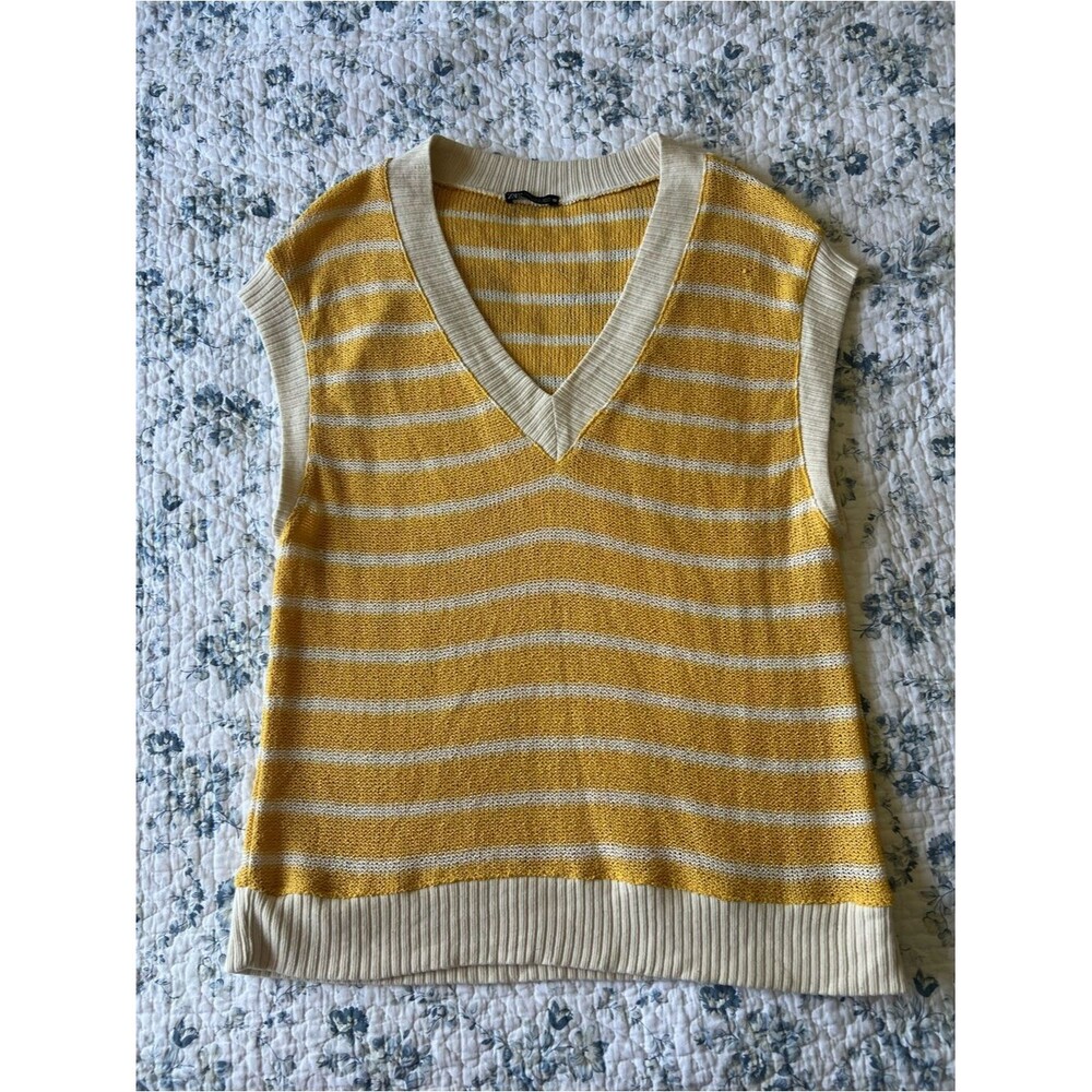 ZARA Striped Yellow & Cream Knit Oversized Sleeveless Sweater Vest